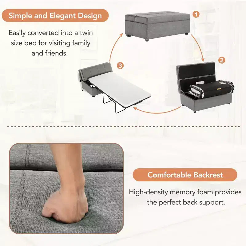 Twin Size Convertible Ottoman Sleeper Bed with Mattress - Space-Saving Guest Bed for Living Room & Apartment