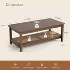 Bekrvio 47.2'' Boho Mid Century Modern Coffee Table, 2-Tier Rustic Rectangle Wood Center Table with Wood Legs & Rattan Shelf, for Living Room