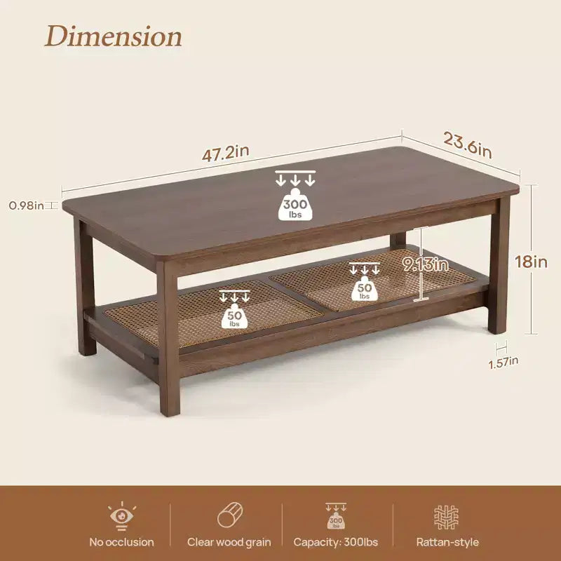 Bekrvio 47.2'' Boho Mid Century Modern Coffee Table, 2-Tier Rustic Rectangle Wood Center Table with Wood Legs & Rattan Shelf, for Living Room