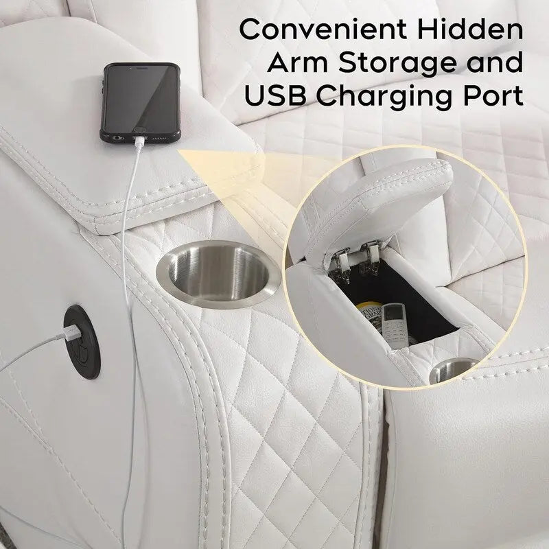 Power Reclining Sofa with Wireless Charger,Reading Light for Living Room,Faux Leather LED Light,AC/USB Port,Cup Holder,Black