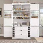 Tall Kitchen Pantry Cabinet with Power Outlets, Large Freestanding Cupboard with Microwave Stand, Drawers, Shelves, Wine Racks & Door-Shelf