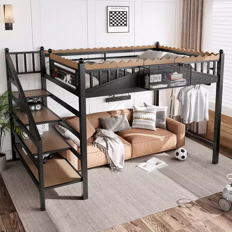 Lit mezzanine en métal ModernLuxe Twin XL/Full/Queen avec escaliers de rangement et étagères, cadre de lit mezzanine robuste, noir