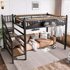 Lit mezzanine en métal ModernLuxe Twin XL/Full/Queen avec escaliers de rangement et étagères, cadre de lit mezzanine robuste, noir