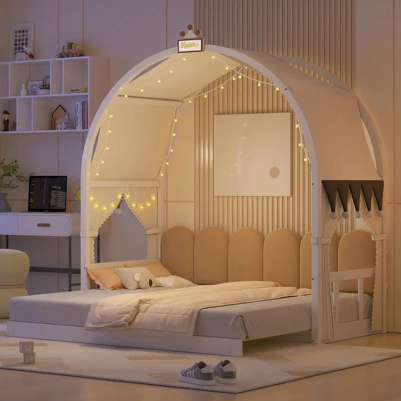Solid Wood Playhouse Platform Bed Floor Montessori Bed Frame with Arched Roof and Trundle for Girls and Boys