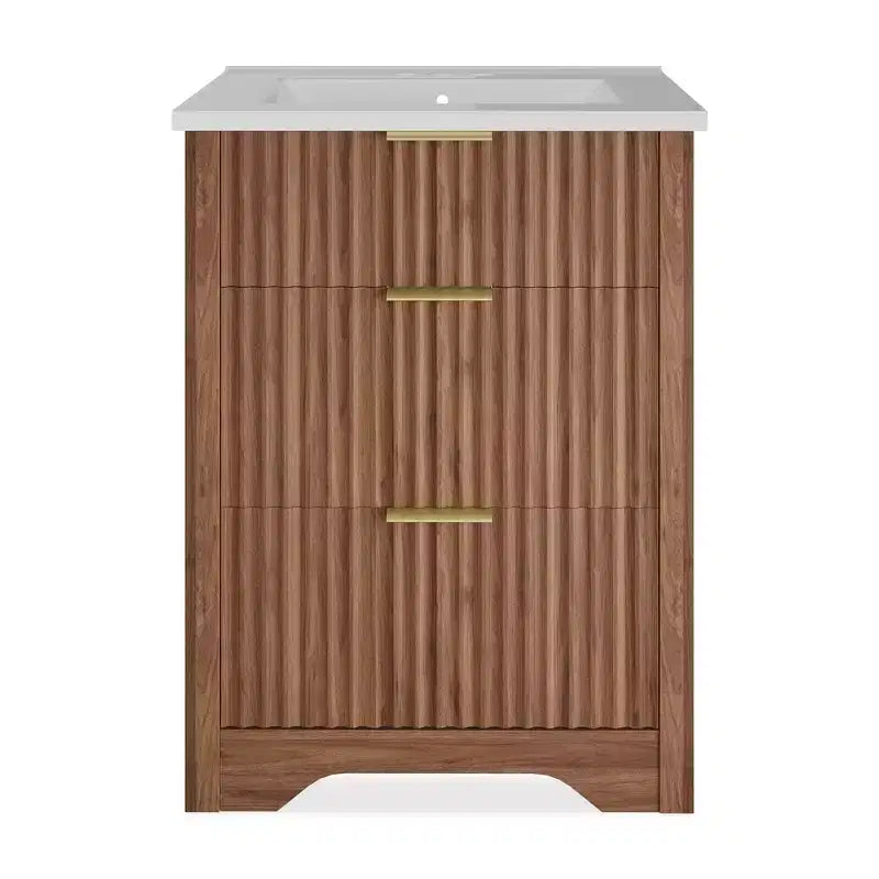 Modern Fluted Bathroom Vanity Set with Integrated Ceramic Basin Freestanding Bathroom Storage Vanity Cabinet with 3 Drawers for Contemporary Bathroom
