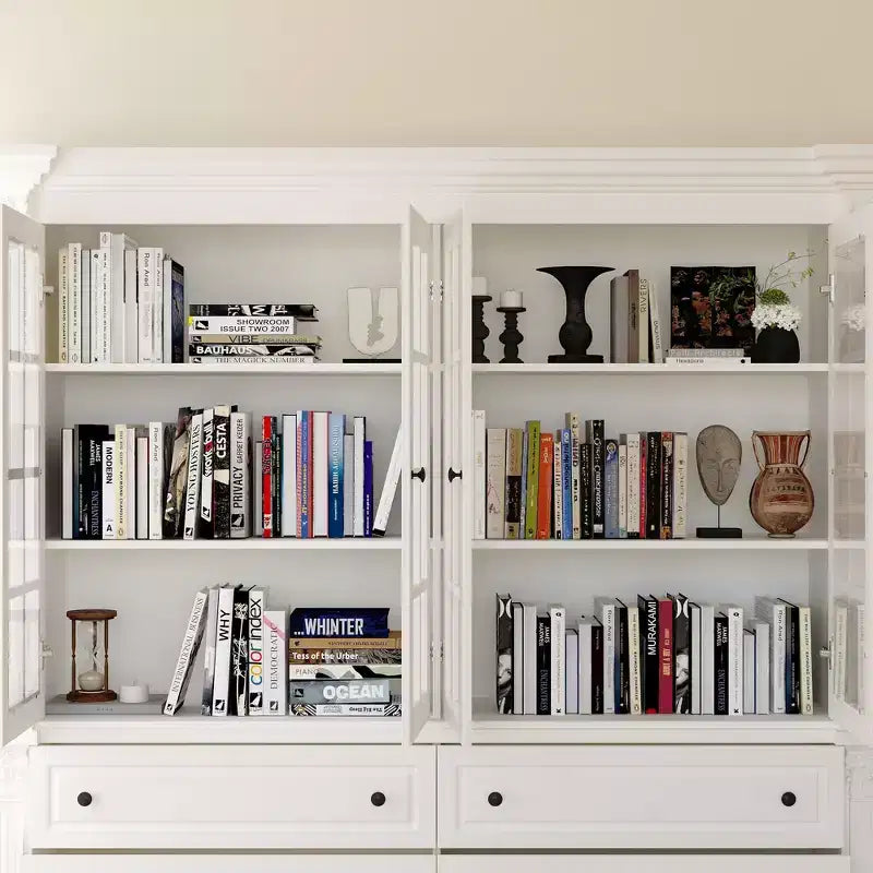 Grand buffet vaisselier blanc avec portes vitrées, bahut de rangement pour cuisine, salon, étagères à livres