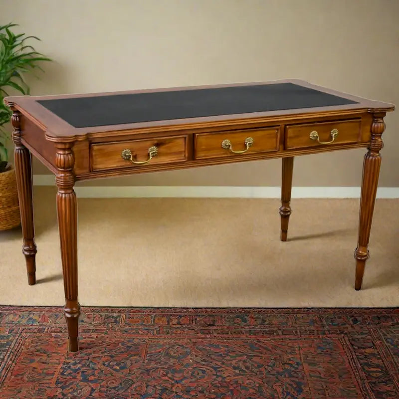 Dark Brown / Light Brown Victorian-Style Solid Mahogany Desk with Black Leather Top and 3 Drawers 窶・Single Unit