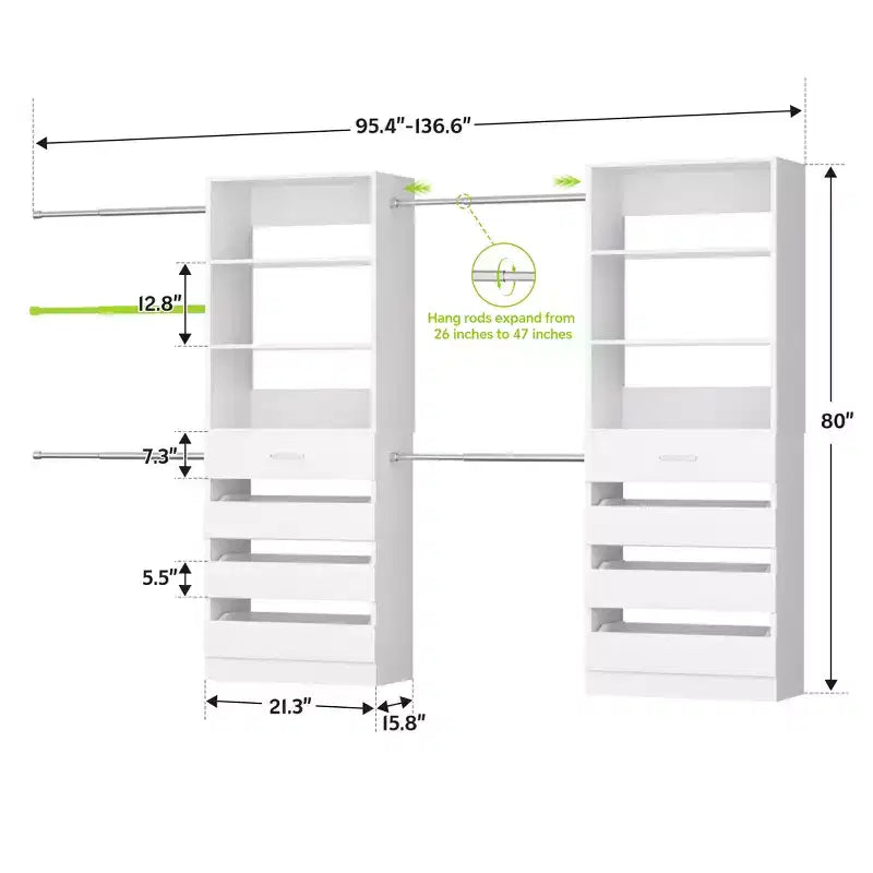 Besiost Closet System with 8 Wooden Drawers and 4 Hanging Rods