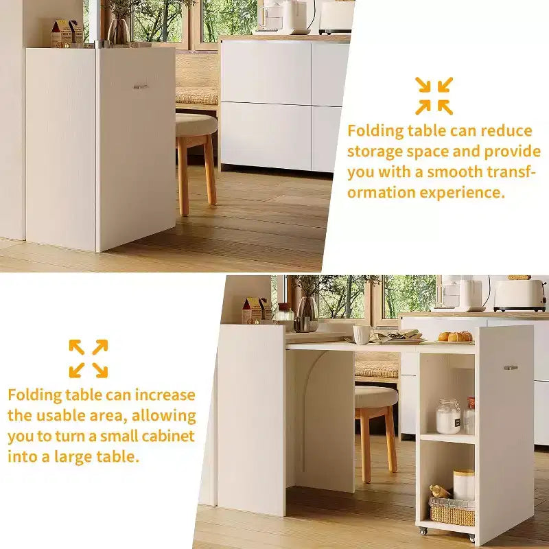 50 Folding Table with Storage Cabinet & Wheels, Extendable Drop Leaf Desk for Kitchen, Home Office and Bedroom