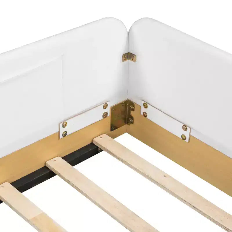Twin Size Upholstered Platform Bed Frame with Velvet Guardrails & 3 Built-In Storage Bags, Natural
