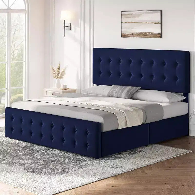 Storage Bed Frame with 4 Drawers & Adjustable Headboard - Upholstered Platform Bed