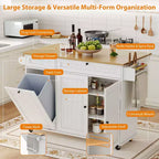 55 Mobile Island Table with Power Outlet & Drop Leaf, Kitchen Rolling Island Kitchen Island Cart with Trash Storage Cabinet for Kitchen