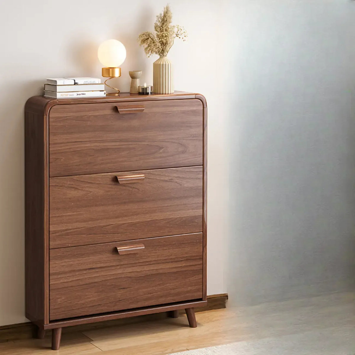 Traditional Hidden Adjustable 3 Tiers Solid Wood Shoe Cabinet