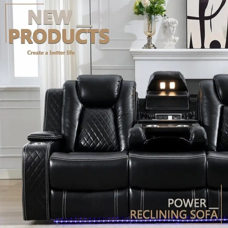 Power Reclining Sofa with Wireless Charger,Reading Light for Living Room,Faux Leather LED Light,AC/USB Port,Cup Holder,Black