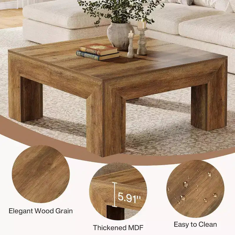 Table basse carrée Lantine de 99 cm pour salon, table basse d'appoint style ferme avec pieds en bois robustes, montage facile