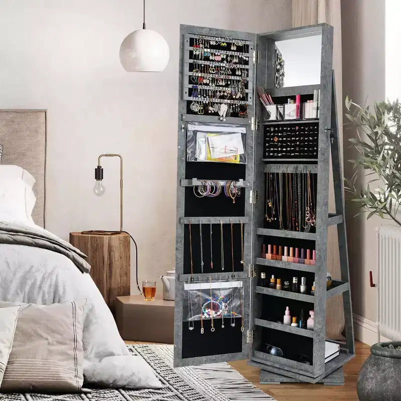 Costway Armoire à bijoux rotative à 360° 2-en-1 Organiseur miroir verrouillable Blanc/Noir/Marron foncé/Gris/Bleu/Rose/Violet/Gris foncé