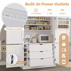 Tall Kitchen Pantry Cabinet with Power Outlets, Large Freestanding Cupboard with Microwave Stand, Drawers, Shelves, Wine Racks & Door-Shelf