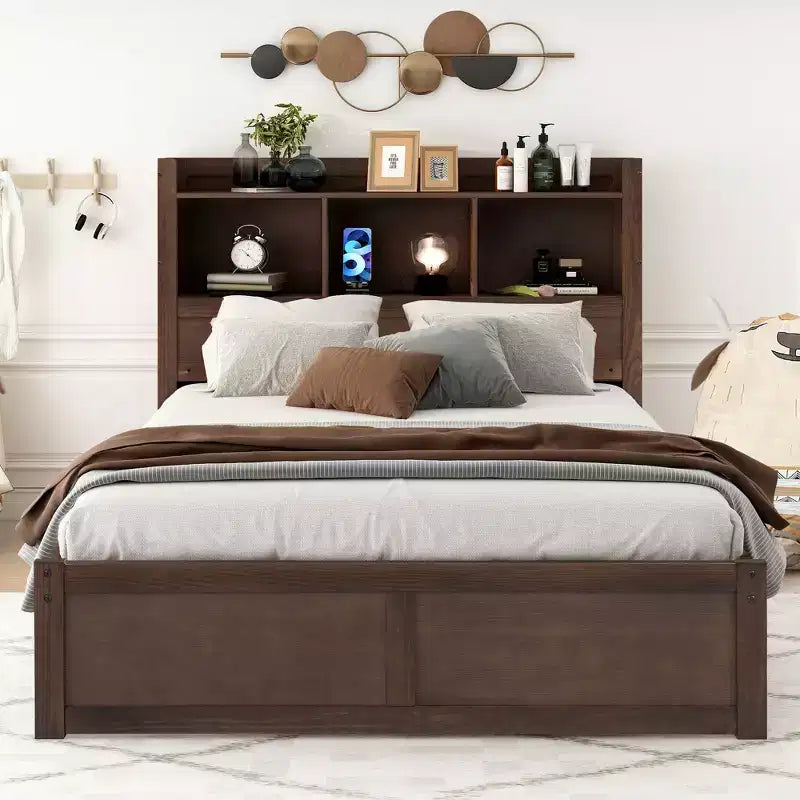 Full Storage Platform Bed with Trundle, Bookcase Headboard and Charging Station, Wooden Full Size Bed Frame with Shelves and Drawers