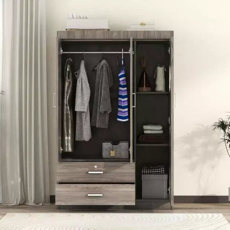 Whisen Wood 3-Door Wardrobe Armoire with Hanging Rod, 2-Drawers, and Storage Shelves