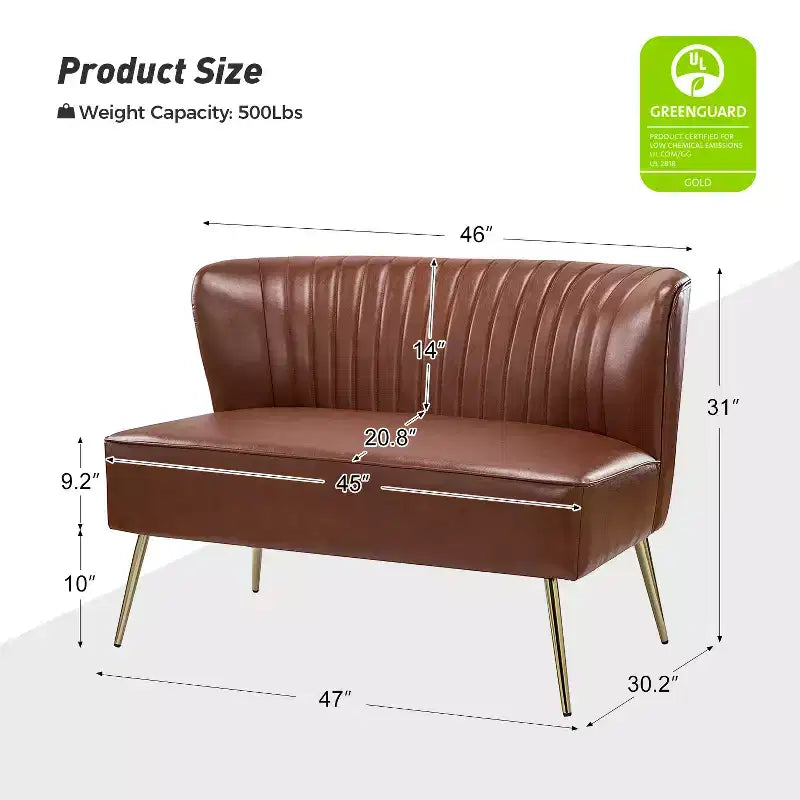 47 Contemporary Wingback Loveseat, Armless 2-Seater Sofa with Metal Legs for Living Room or Bedroom