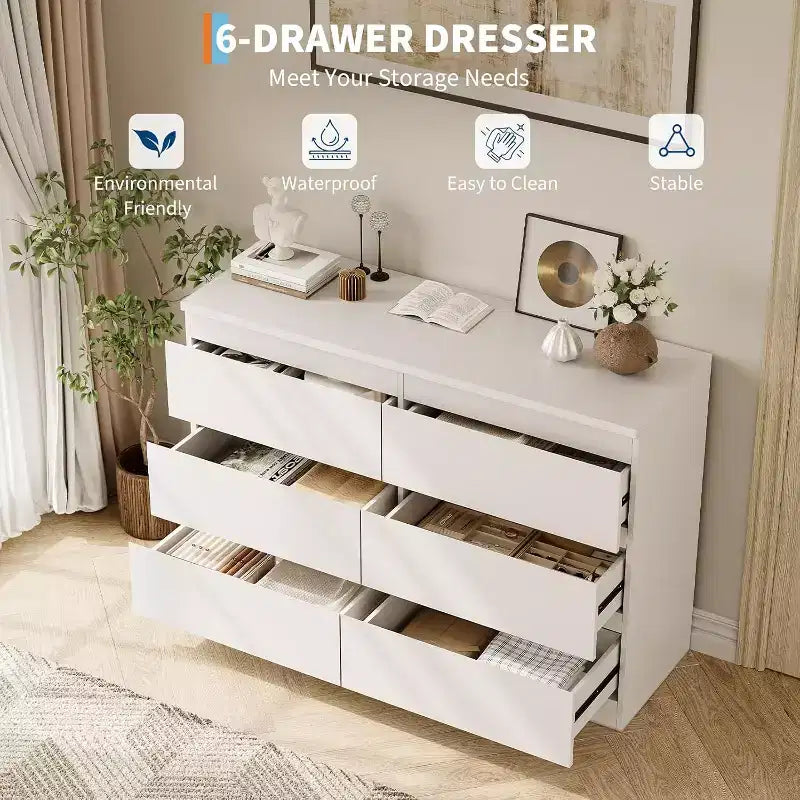 Commode à 6 tiroirs, style moderne et simple pour chambre à coucher, blanche