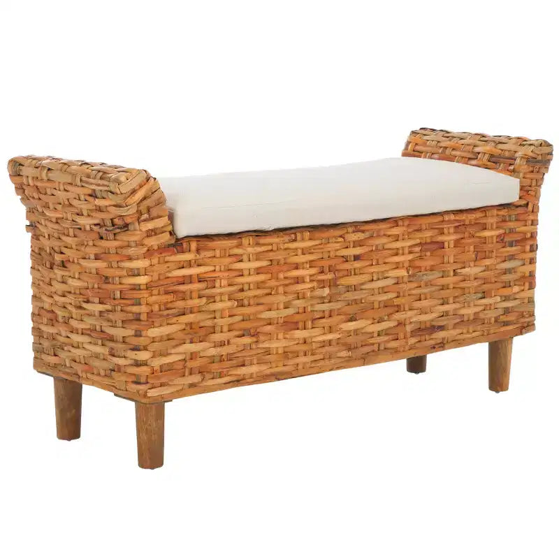 Upholstered Bench with Mango Wood and Rattan Frame, White and Brown