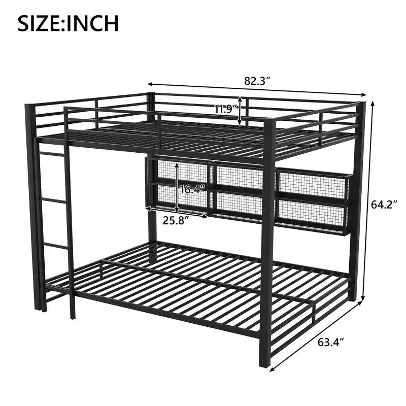 Metal Queen over Queen Bunk Bed with Storage Cabinets and LED, Black