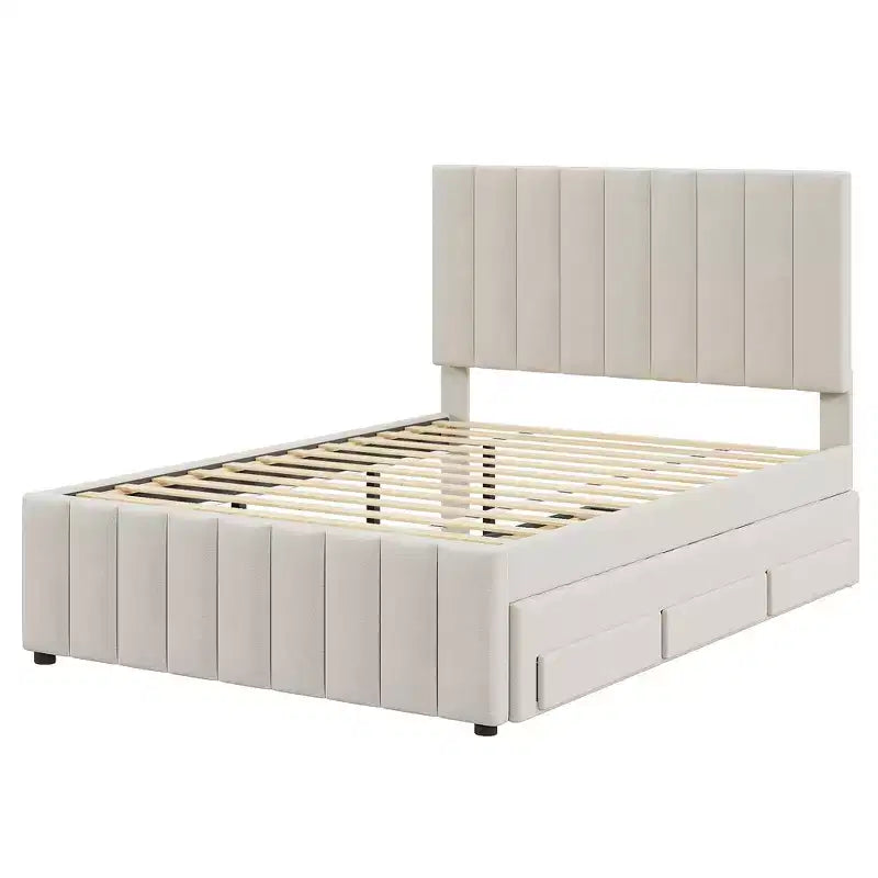 Full Size Upholstered Platform Bed with Twin Size Trundle and 3 Drawers, Linen Fabric, Beige