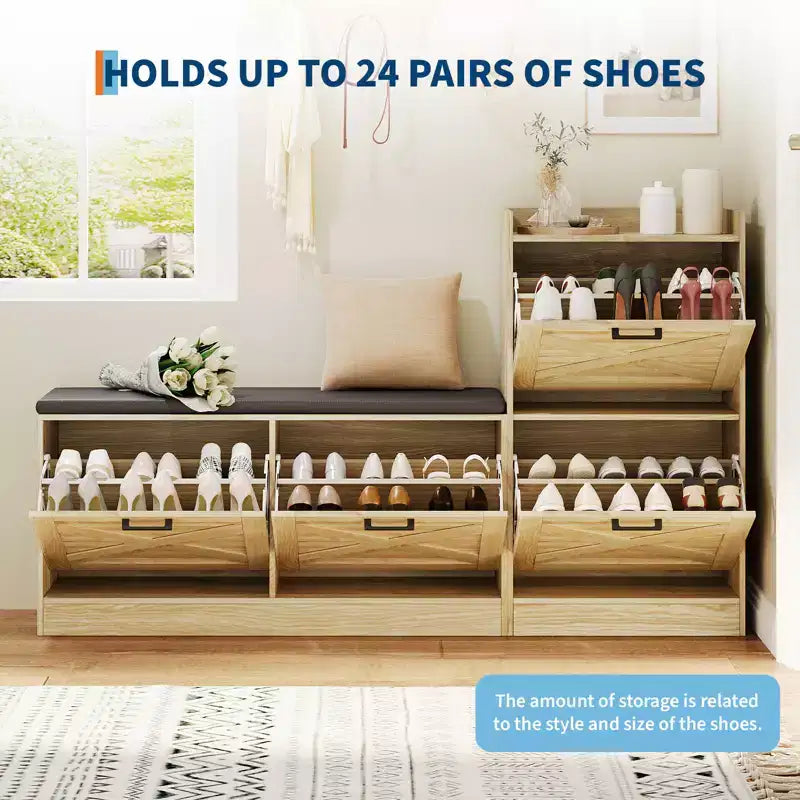 Bench with 4 flip-up drawers and padded seat cushion, Wooden narrow shoe storage rack, Suitable for living room entryway bench