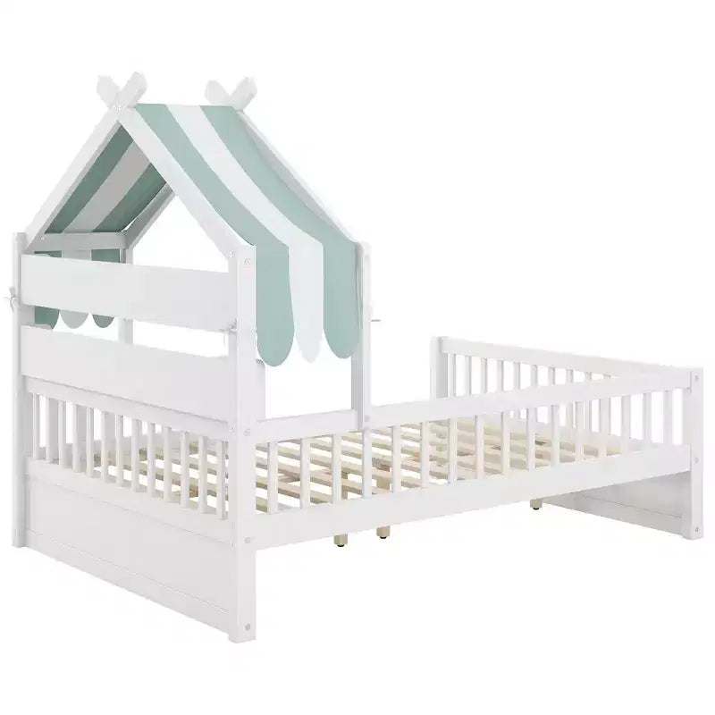 ModernLuxe Twin/Full Size Wooden House Bed with Storage Headboard, Solid Pine Kids Bed Frame with Guardrails