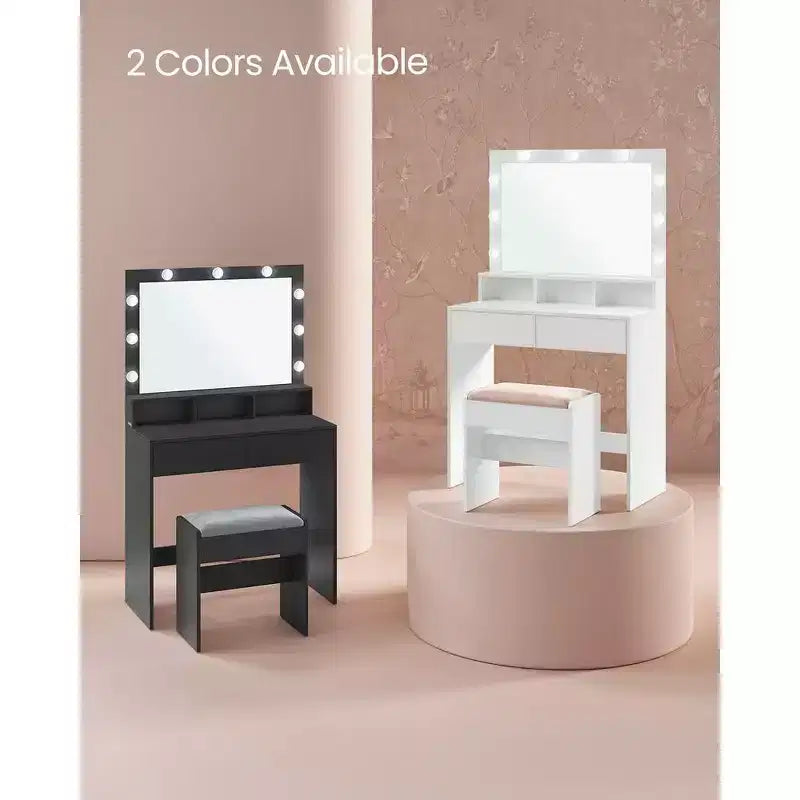 VASAGLE Vanity Desk with Mirror and Lights, Makeup Vanity with Upholstered Vanity Stool, 9 Dimmable LED Lights, 3 Compartments, 2 Drawers