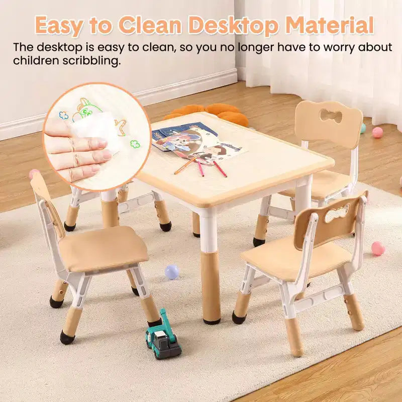Children's table and 4 chairs, height-adjustable, doodle tabletop, multifunctional children's table and chair set for reading, drawing, dining