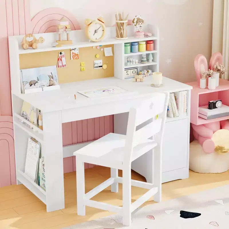 Kids Study Desk & Chair Set with Storage, Kids Study Desk with Hutch and Tiltable, for 3-8 Years Old, Student Writing Table for Bedroom