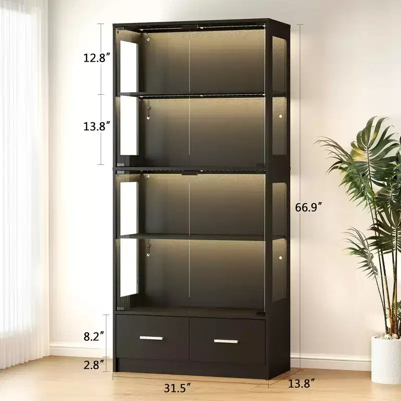 Skyzoo 5-Tier Glass Display Cabinet with LED Lights & Adjustable Shelves & 2 Drawers, Curio Cabinet for Home & Office