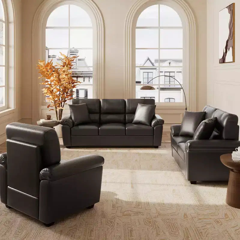 6 seater Living Room Sofa Loveseat Chair Set Faux Leather Couch with Pillows Chocolate Black-Morden Fort