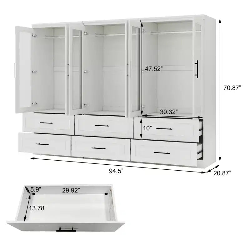 White Wood 94.5 in. Armoire with 6 Drawers and 6 Doors