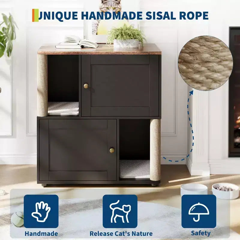 Double Cat Litter Box Enclosure for 2 Cats  Hidden Dual Litter Cabinet, Mark Mats & Sisal Post, Dog-Proof Modern End Table, Large Storage Cat House