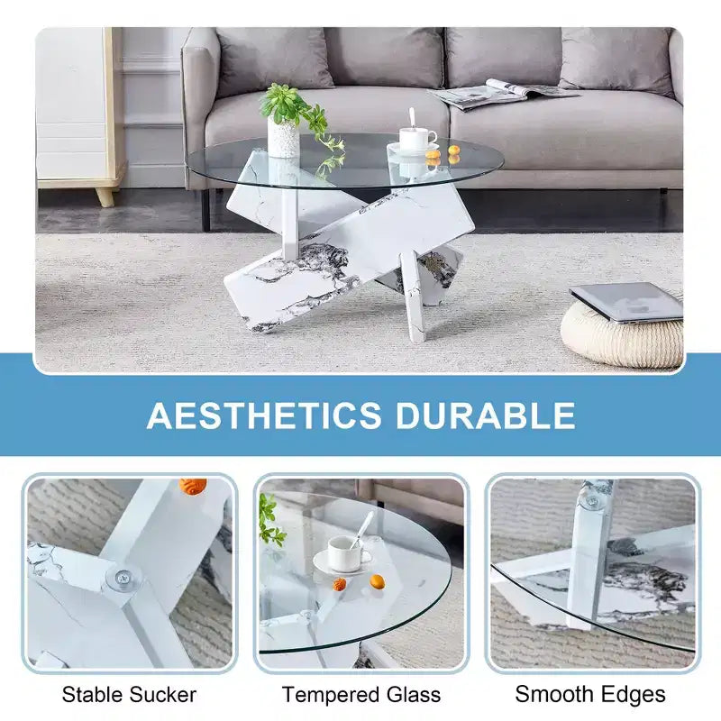 Okak Modern Circular Glass Coffee Table, Small Distinctive Design Tea Table Wood Legs for Living Room Reception Office Farmhouses