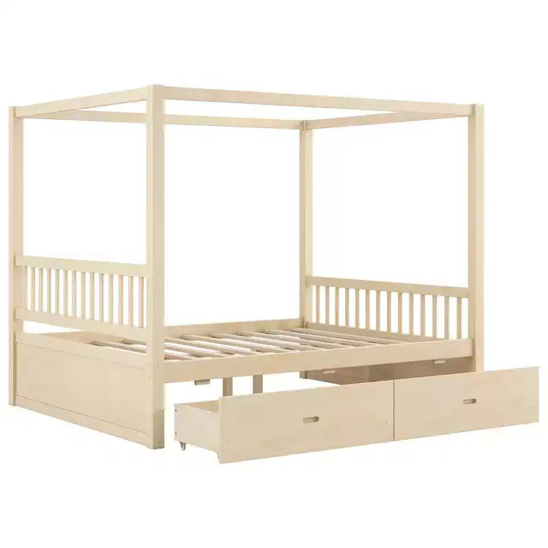 Cadre de lit à baldaquin en bois Whisen de taille Queen avec 2 tiroirs de rangement intégrés, construction robuste et durable