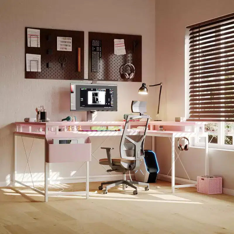 COZONY 78 U/L Shaped Gaming Desk, Reversible Computer Desk with Power Outlets, LED Lights, Monitor Stand & Storage Shelf, Corner Desk for Home Office