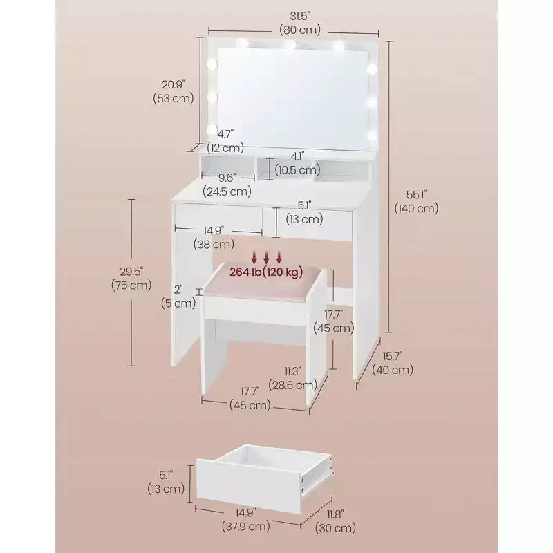 VASAGLE Vanity Desk with Mirror and Lights, Makeup Vanity with Upholstered Vanity Stool, 9 Dimmable LED Lights, 3 Compartments, 2 Drawers
