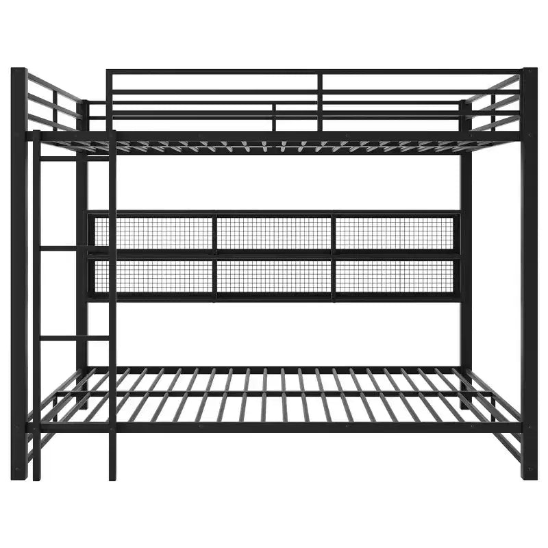 Metal Queen over Queen Bunk Bed with Storage Cabinets and LED, Black