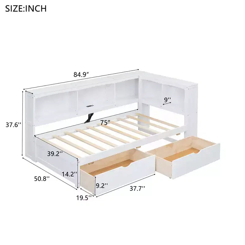 White / Wood Twin Size Daybed with Storage Drawers, Cabinets & USB Ports 窶・1 Person