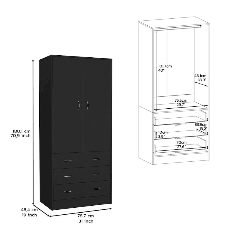 19 Modern Double-door Armoire with 3 Drawers and 1 Hanging Rod for Bedroom