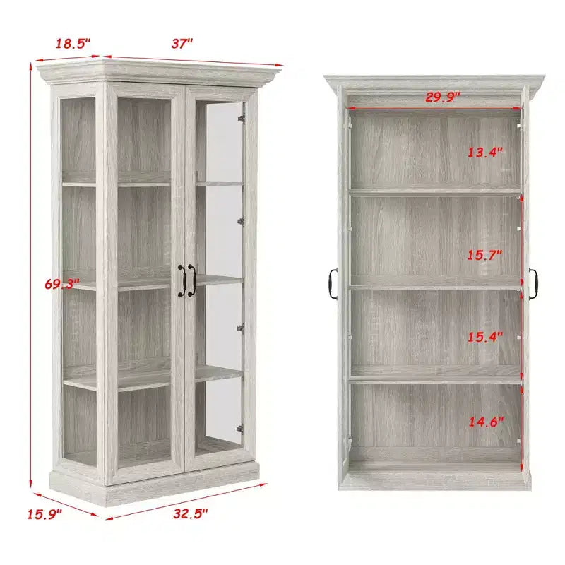 Famapy Bookcase Gray Oak Glass Display Cabinet wLED Light Strip, Tall Bookshelf with Doors Curio Storage Cabinet