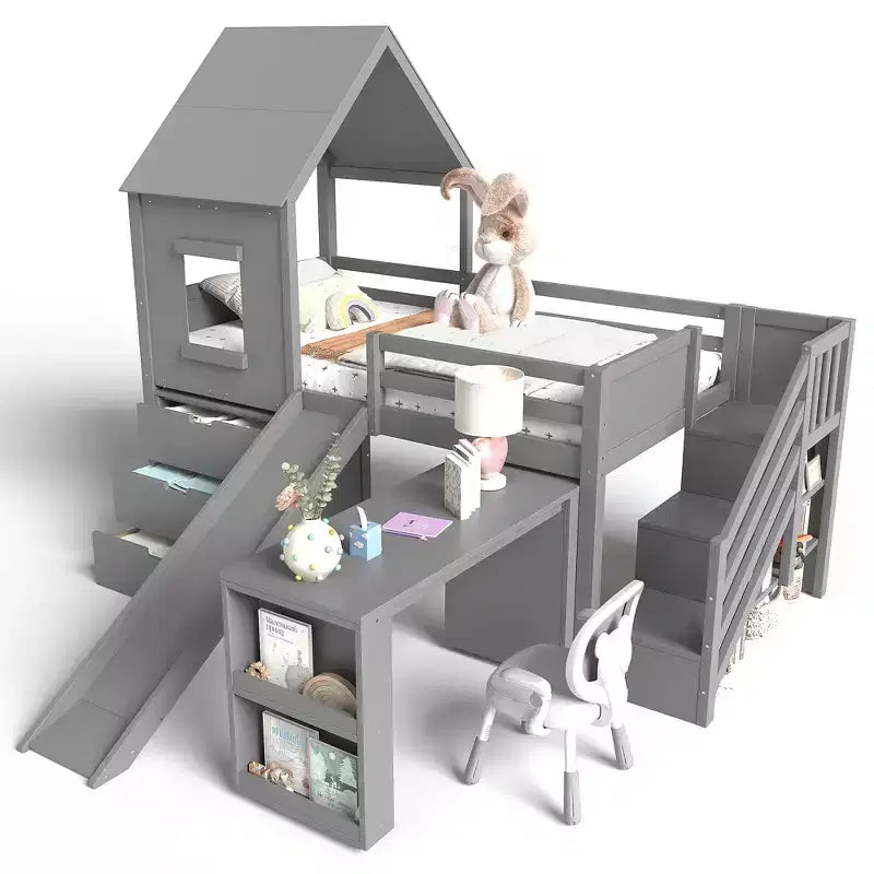 Letto a soppalco singolo con 3 cassetti e scala contenitore, struttura a casetta in legno con scivolo e scrivania rimovibile