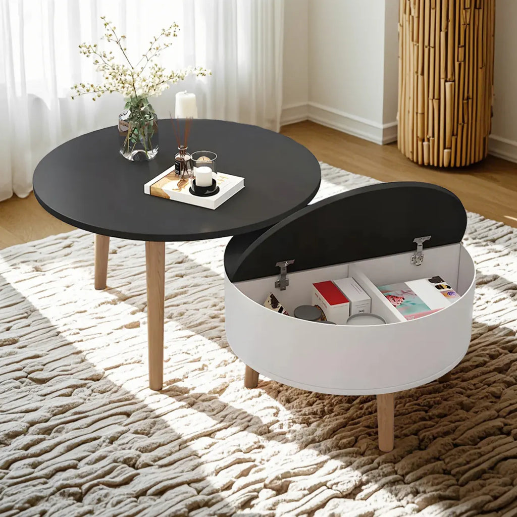 Black White Modern Round Wood Coffee Table with Storage