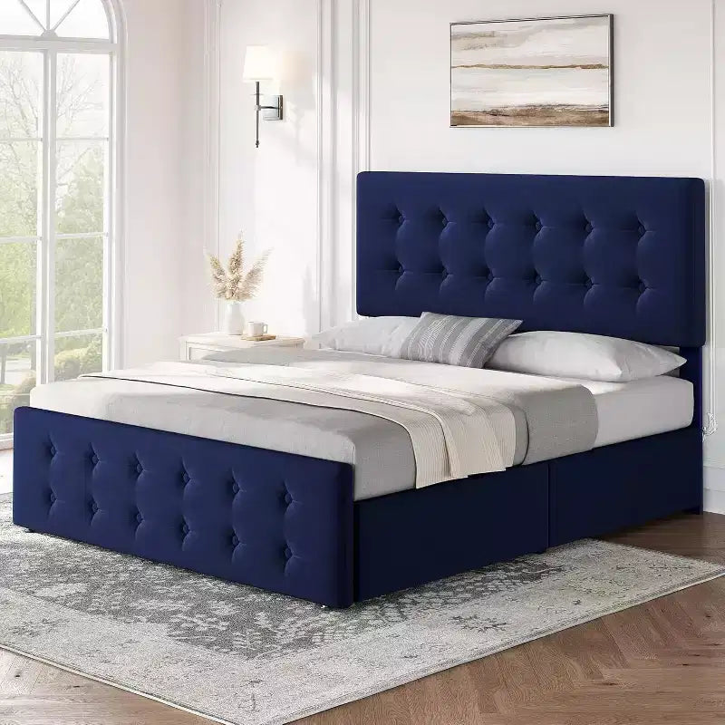 Storage Bed Frame with 4 Drawers & Adjustable Headboard - Upholstered Platform Bed