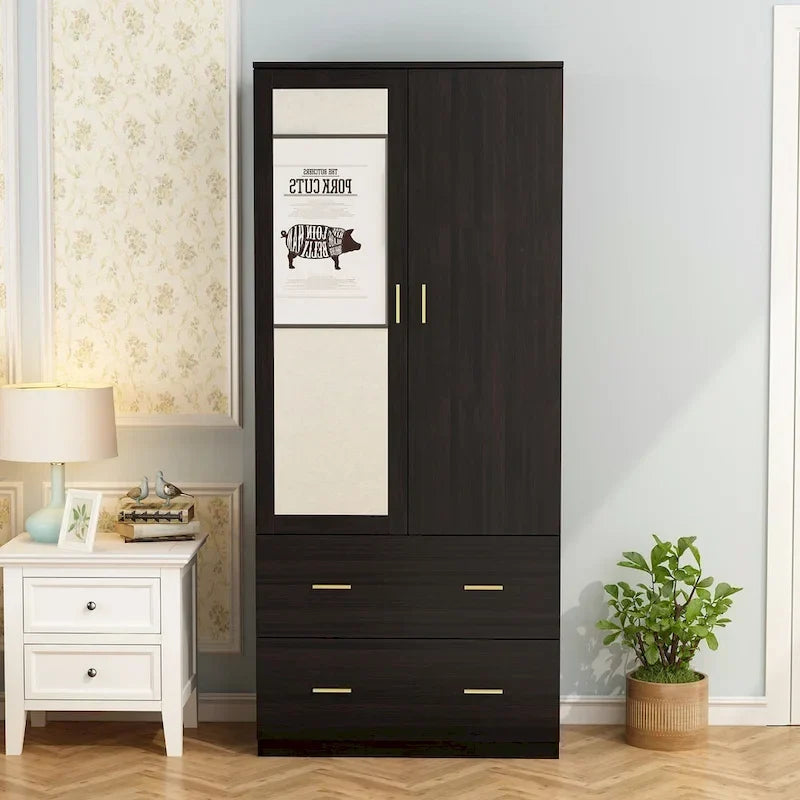 Armoire à deux portes avec miroir, blanc/brun foncé, 31,5L x 72H po – 31,5L x 72H po