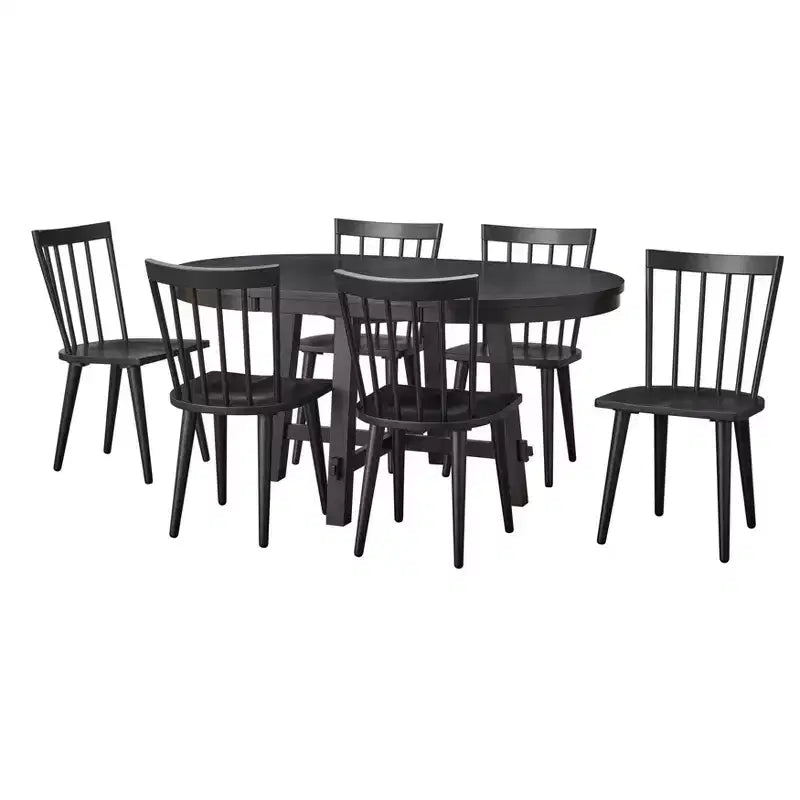Lifestorey 7pc Edmonton Farmhouse Extendable Dining Set with Solid Wood Chairs Matte Black